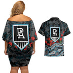 Port Adelaide Power ANZAC Day Couples Matching Off Shoulder Short Dress and Hawaiian Shirt Indigenous Dot Art with Poppy Flower Tribute