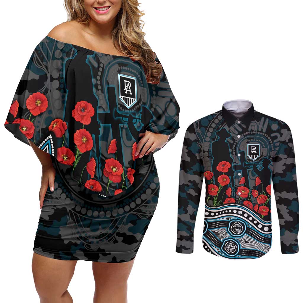 Port Adelaide Power ANZAC Day Couples Matching Off Shoulder Short Dress and Long Sleeve Button Shirt Indigenous Dot Art with Poppy Flower Tribute