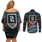 Port Adelaide Power ANZAC Day Couples Matching Off Shoulder Short Dress and Long Sleeve Button Shirt Indigenous Dot Art with Poppy Flower Tribute