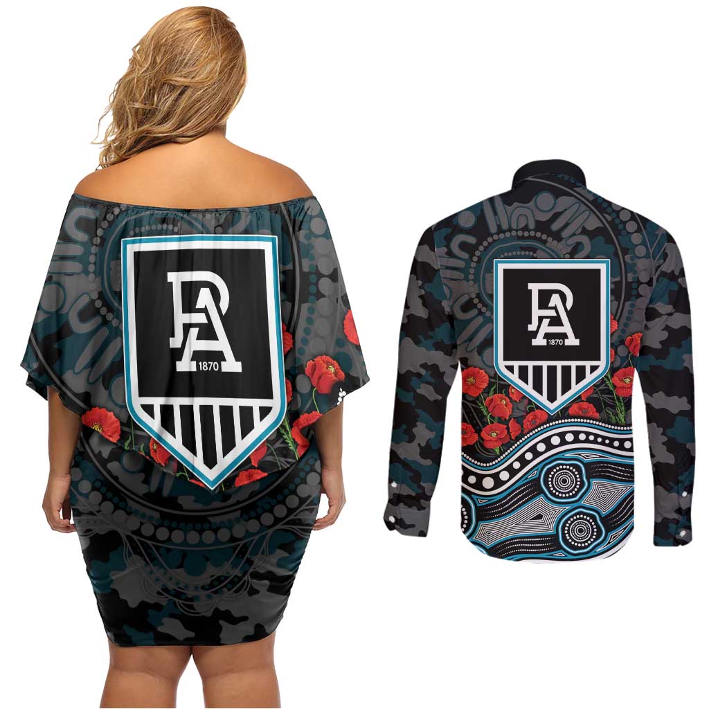 Port Adelaide Power ANZAC Day Couples Matching Off Shoulder Short Dress and Long Sleeve Button Shirt Indigenous Dot Art with Poppy Flower Tribute