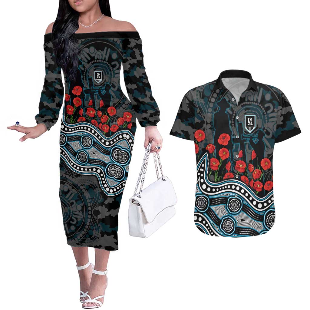 Port Adelaide Power ANZAC Day Couples Matching Off The Shoulder Long Sleeve Dress and Hawaiian Shirt Indigenous Dot Art with Poppy Flower Tribute
