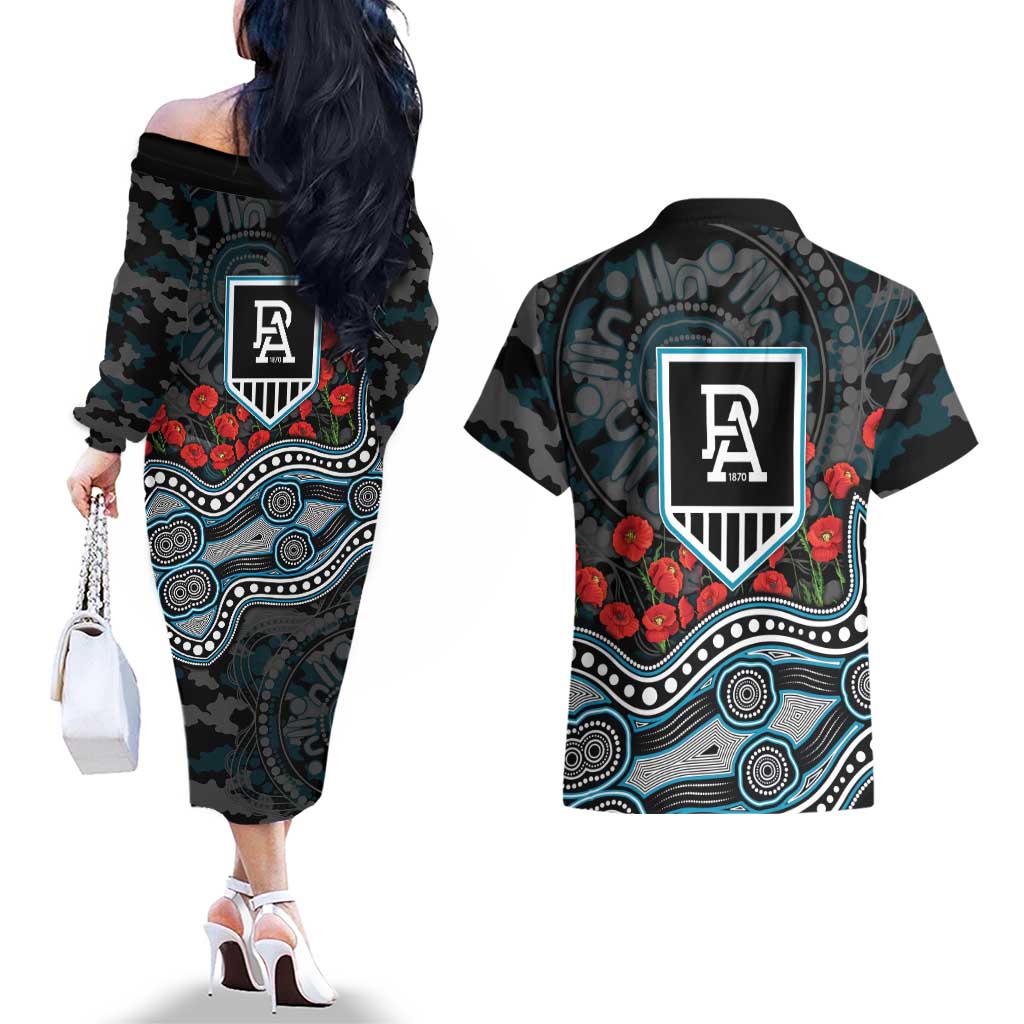 Port Adelaide Power ANZAC Day Couples Matching Off The Shoulder Long Sleeve Dress and Hawaiian Shirt Indigenous Dot Art with Poppy Flower Tribute