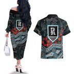 Port Adelaide Power ANZAC Day Couples Matching Off The Shoulder Long Sleeve Dress and Hawaiian Shirt Indigenous Dot Art with Poppy Flower Tribute