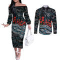 Port Adelaide Power ANZAC Day Couples Matching Off The Shoulder Long Sleeve Dress and Long Sleeve Button Shirt Indigenous Dot Art with Poppy Flower Tribute