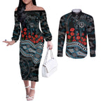 Port Adelaide Power ANZAC Day Couples Matching Off The Shoulder Long Sleeve Dress and Long Sleeve Button Shirt Indigenous Dot Art with Poppy Flower Tribute