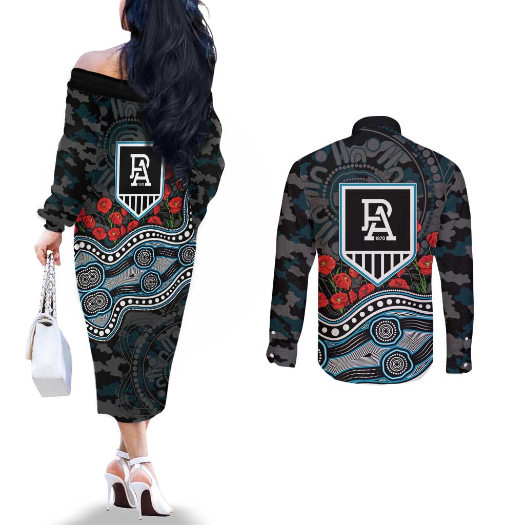 Port Adelaide Power ANZAC Day Couples Matching Off The Shoulder Long Sleeve Dress and Long Sleeve Button Shirt Indigenous Dot Art with Poppy Flower Tribute
