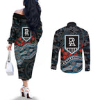Port Adelaide Power ANZAC Day Couples Matching Off The Shoulder Long Sleeve Dress and Long Sleeve Button Shirt Indigenous Dot Art with Poppy Flower Tribute
