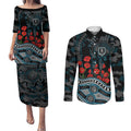 Port Adelaide Power ANZAC Day Couples Matching Puletasi and Long Sleeve Button Shirt Indigenous Dot Art with Poppy Flower Tribute