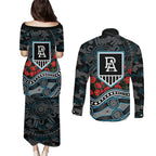 Port Adelaide Power ANZAC Day Couples Matching Puletasi and Long Sleeve Button Shirt Indigenous Dot Art with Poppy Flower Tribute