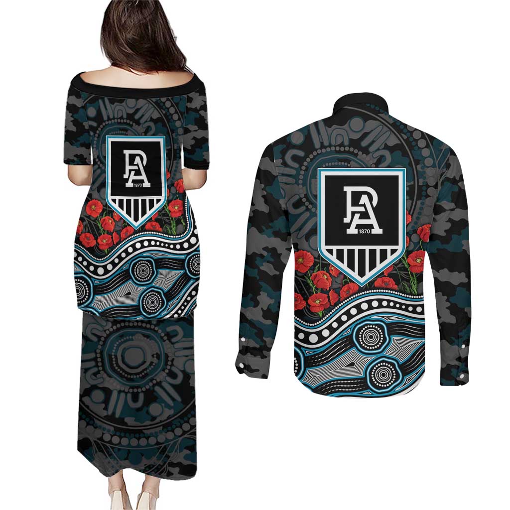 Port Adelaide Power ANZAC Day Couples Matching Puletasi and Long Sleeve Button Shirt Indigenous Dot Art with Poppy Flower Tribute