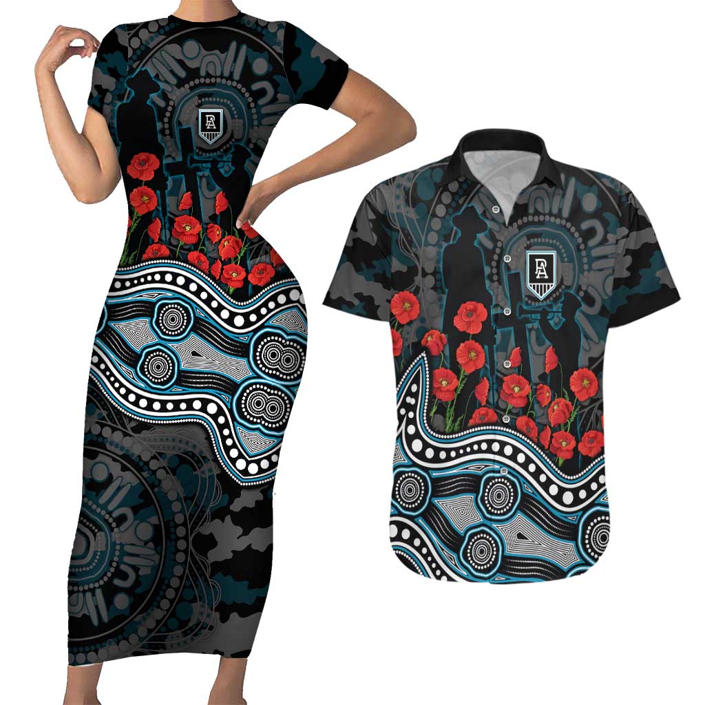Port Adelaide Power ANZAC Day Couples Matching Short Sleeve Bodycon Dress and Hawaiian Shirt Indigenous Dot Art with Poppy Flower Tribute