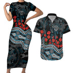 Port Adelaide Power ANZAC Day Couples Matching Short Sleeve Bodycon Dress and Hawaiian Shirt Indigenous Dot Art with Poppy Flower Tribute