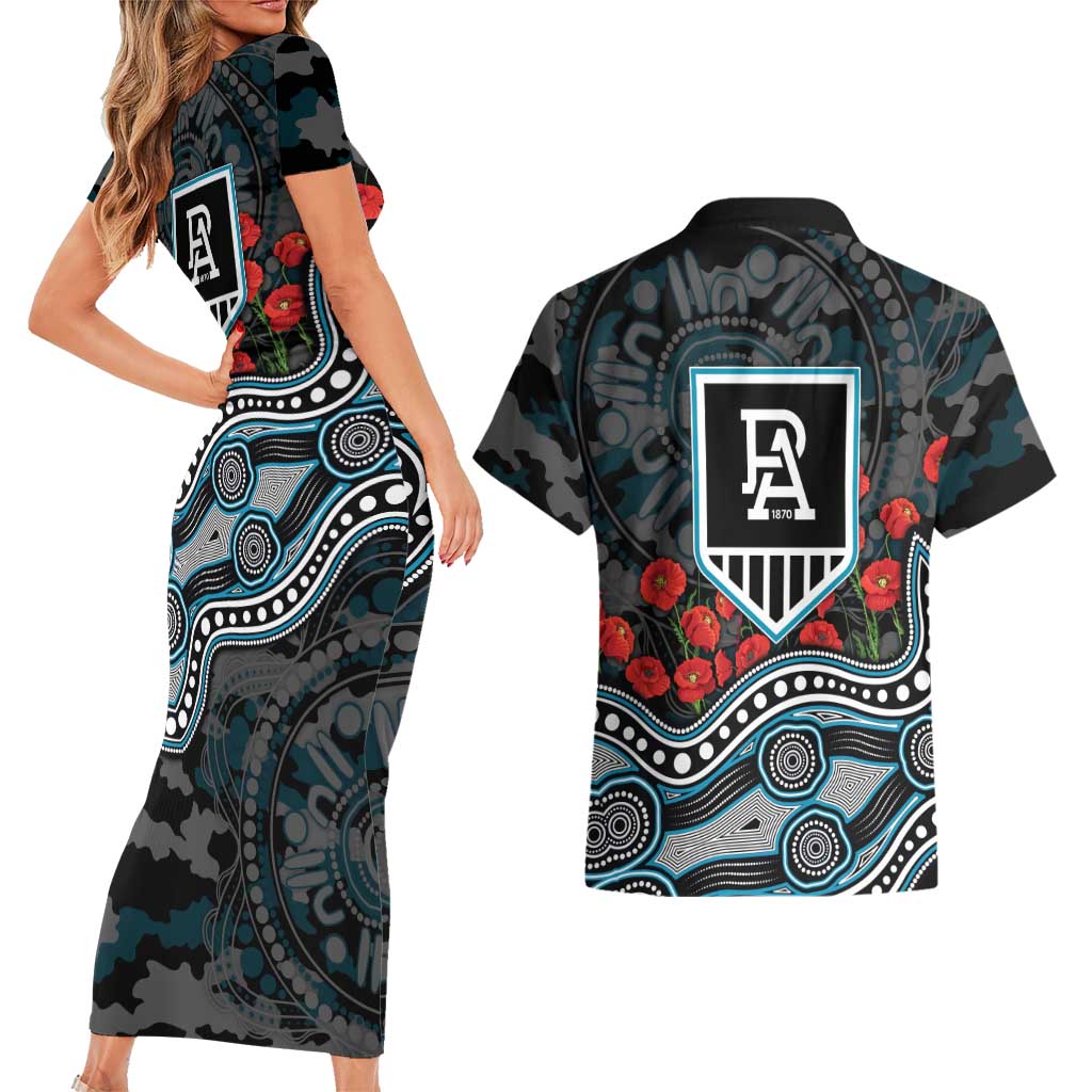 Port Adelaide Power ANZAC Day Couples Matching Short Sleeve Bodycon Dress and Hawaiian Shirt Indigenous Dot Art with Poppy Flower Tribute