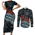 Port Adelaide Power ANZAC Day Couples Matching Short Sleeve Bodycon Dress and Long Sleeve Button Shirt Indigenous Dot Art with Poppy Flower Tribute
