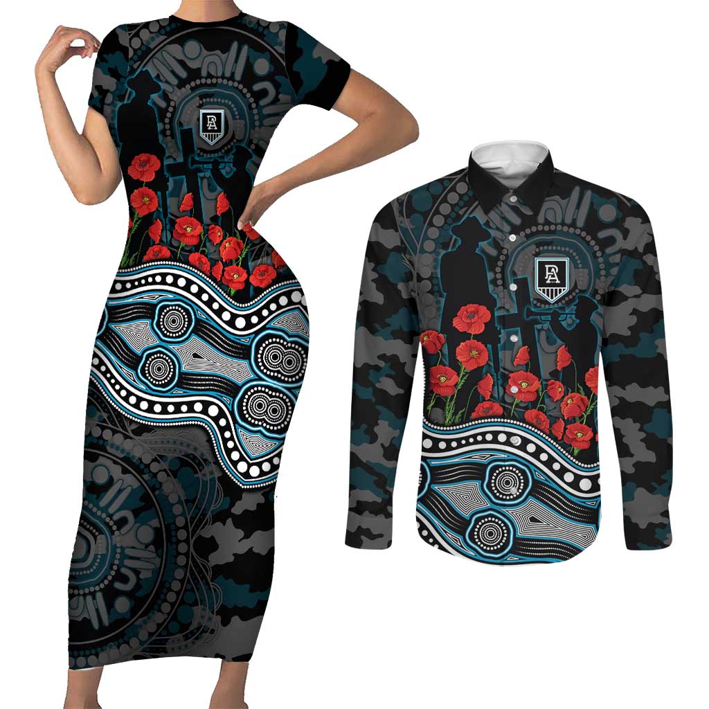 Port Adelaide Power ANZAC Day Couples Matching Short Sleeve Bodycon Dress and Long Sleeve Button Shirt Indigenous Dot Art with Poppy Flower Tribute