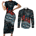 Port Adelaide Power ANZAC Day Couples Matching Short Sleeve Bodycon Dress and Long Sleeve Button Shirt Indigenous Dot Art with Poppy Flower Tribute