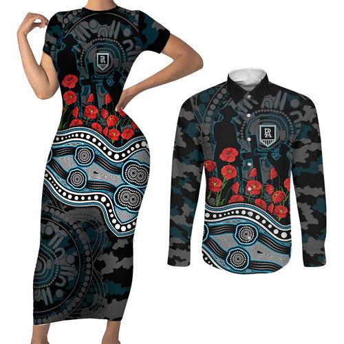 Port Adelaide Power ANZAC Day Couples Matching Short Sleeve Bodycon Dress and Long Sleeve Button Shirt Indigenous Dot Art with Poppy Flower Tribute