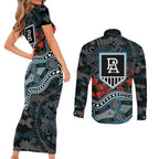 Port Adelaide Power ANZAC Day Couples Matching Short Sleeve Bodycon Dress and Long Sleeve Button Shirt Indigenous Dot Art with Poppy Flower Tribute