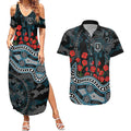 Port Adelaide Power ANZAC Day Couples Matching Summer Maxi Dress and Hawaiian Shirt Indigenous Dot Art with Poppy Flower Tribute