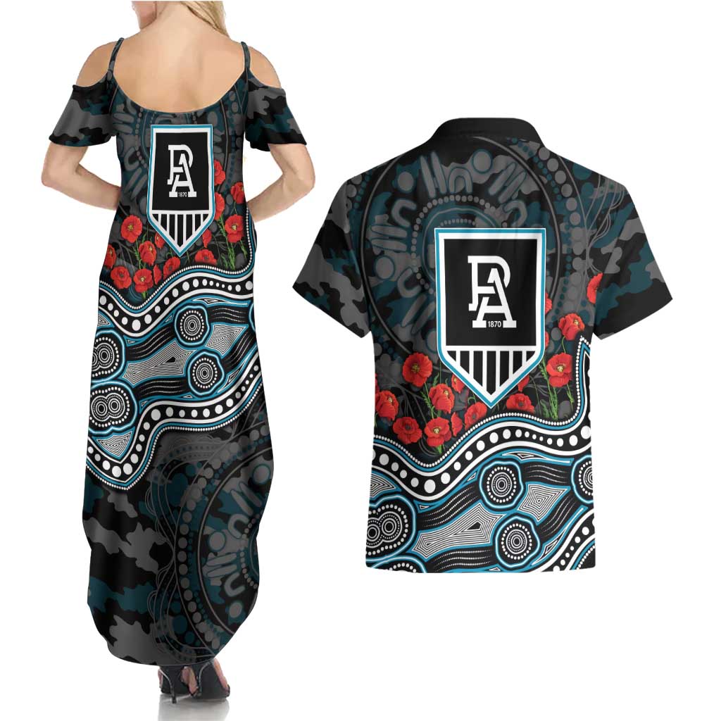 Port Adelaide Power ANZAC Day Couples Matching Summer Maxi Dress and Hawaiian Shirt Indigenous Dot Art with Poppy Flower Tribute