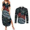 Port Adelaide Power ANZAC Day Couples Matching Summer Maxi Dress and Long Sleeve Button Shirt Indigenous Dot Art with Poppy Flower Tribute