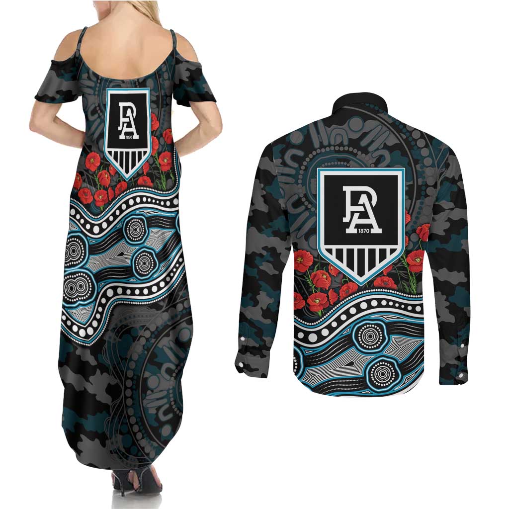 Port Adelaide Power ANZAC Day Couples Matching Summer Maxi Dress and Long Sleeve Button Shirt Indigenous Dot Art with Poppy Flower Tribute