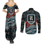 Port Adelaide Power ANZAC Day Couples Matching Summer Maxi Dress and Long Sleeve Button Shirt Indigenous Dot Art with Poppy Flower Tribute