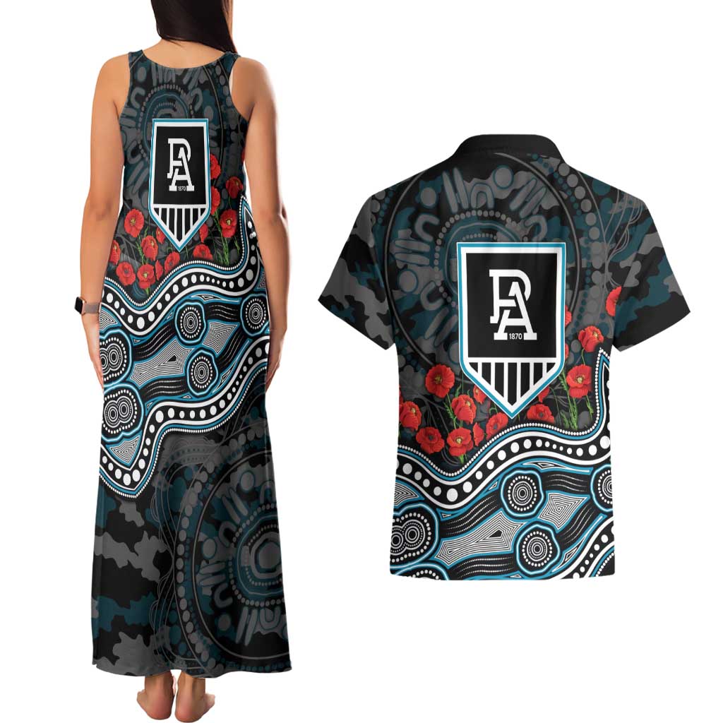 Port Adelaide Power ANZAC Day Couples Matching Tank Maxi Dress and Hawaiian Shirt Indigenous Dot Art with Poppy Flower Tribute