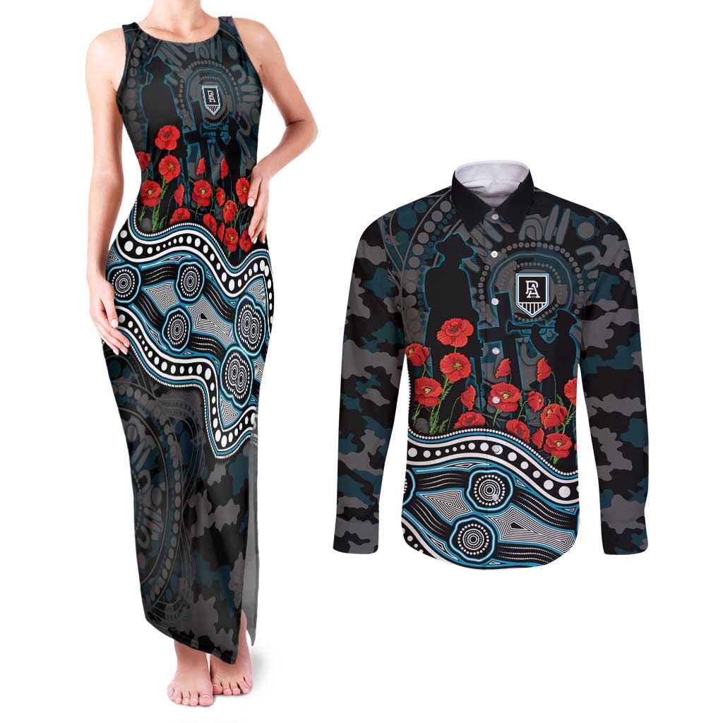 Port Adelaide Power ANZAC Day Couples Matching Tank Maxi Dress and Long Sleeve Button Shirt Indigenous Dot Art with Poppy Flower Tribute