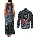 Port Adelaide Power ANZAC Day Couples Matching Tank Maxi Dress and Long Sleeve Button Shirt Indigenous Dot Art with Poppy Flower Tribute