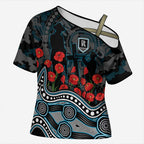 Port Adelaide Power ANZAC Day Cross Shoulder Shirt Indigenous Dot Art with Poppy Flower Tribute