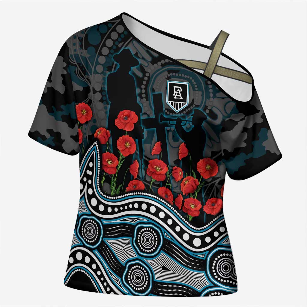 Port Adelaide Power ANZAC Day Cross Shoulder Shirt Indigenous Dot Art with Poppy Flower Tribute