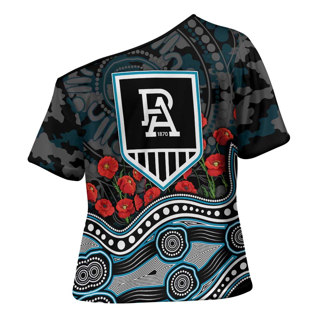 Port Adelaide Power ANZAC Day Cross Shoulder Shirt Indigenous Dot Art with Poppy Flower Tribute