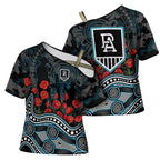 Port Adelaide Power ANZAC Day Cross Shoulder Shirt Indigenous Dot Art with Poppy Flower Tribute