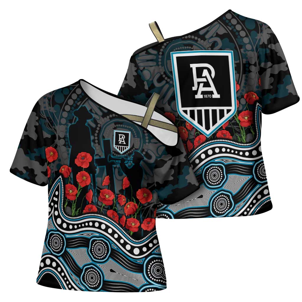 Port Adelaide Power ANZAC Day Cross Shoulder Shirt Indigenous Dot Art with Poppy Flower Tribute