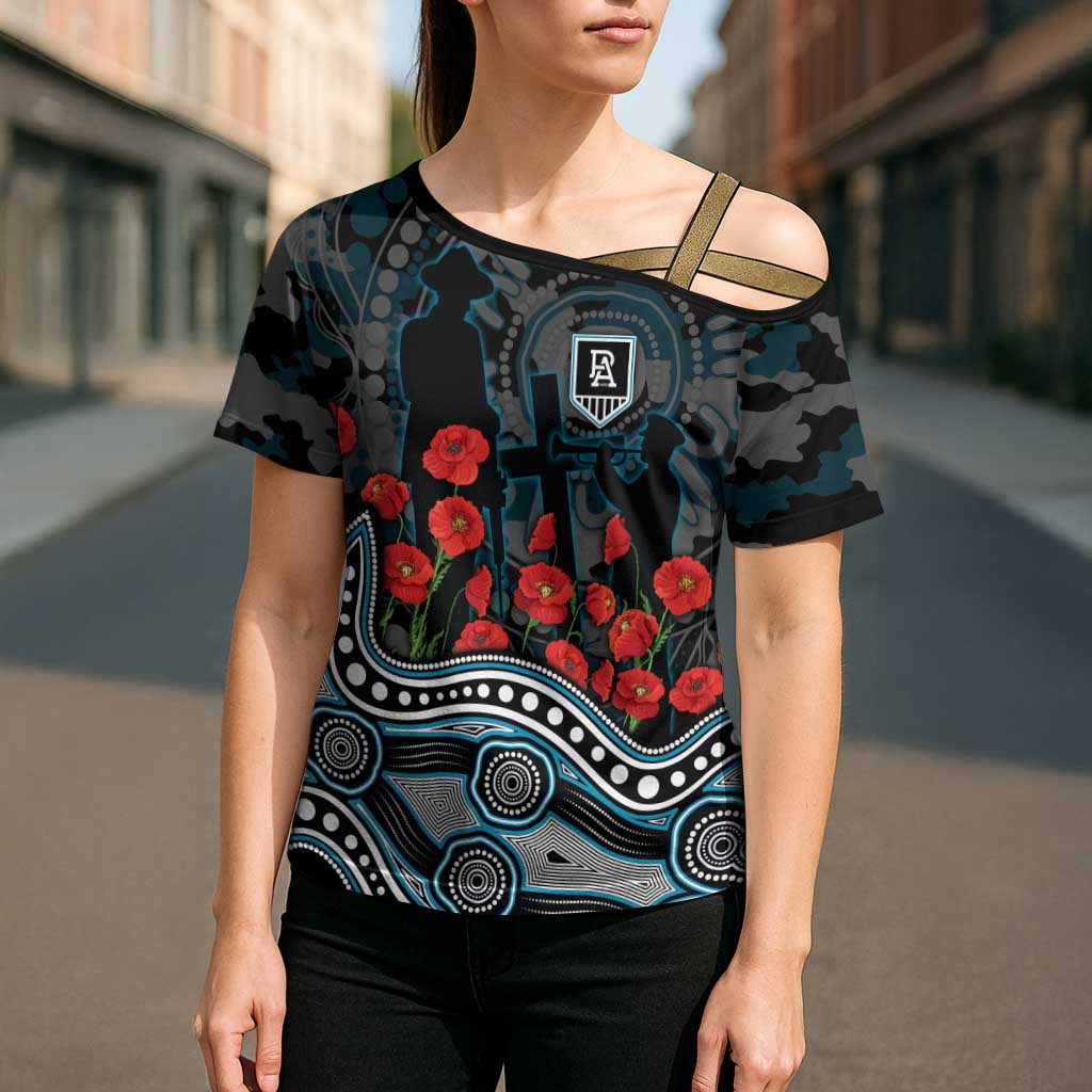 Port Adelaide Power ANZAC Day Cross Shoulder Shirt Indigenous Dot Art with Poppy Flower Tribute