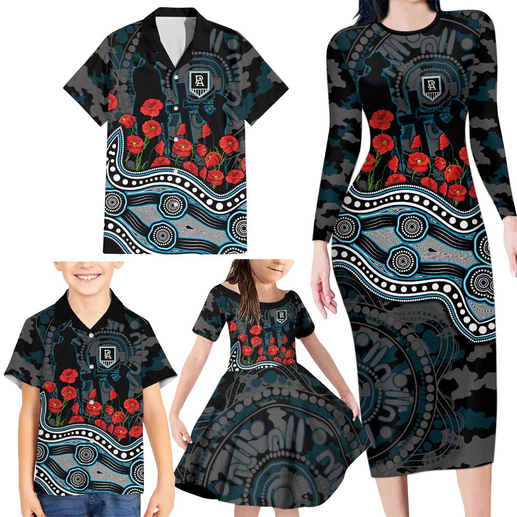 Port Adelaide Power ANZAC Day Family Matching Long Sleeve Bodycon Dress and Hawaiian Shirt Indigenous Dot Art with Poppy Flower Tribute