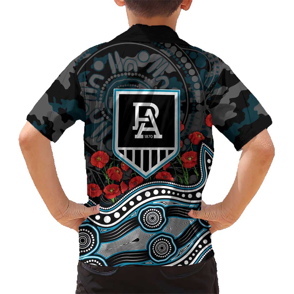 Port Adelaide Power ANZAC Day Family Matching Long Sleeve Bodycon Dress and Hawaiian Shirt Indigenous Dot Art with Poppy Flower Tribute