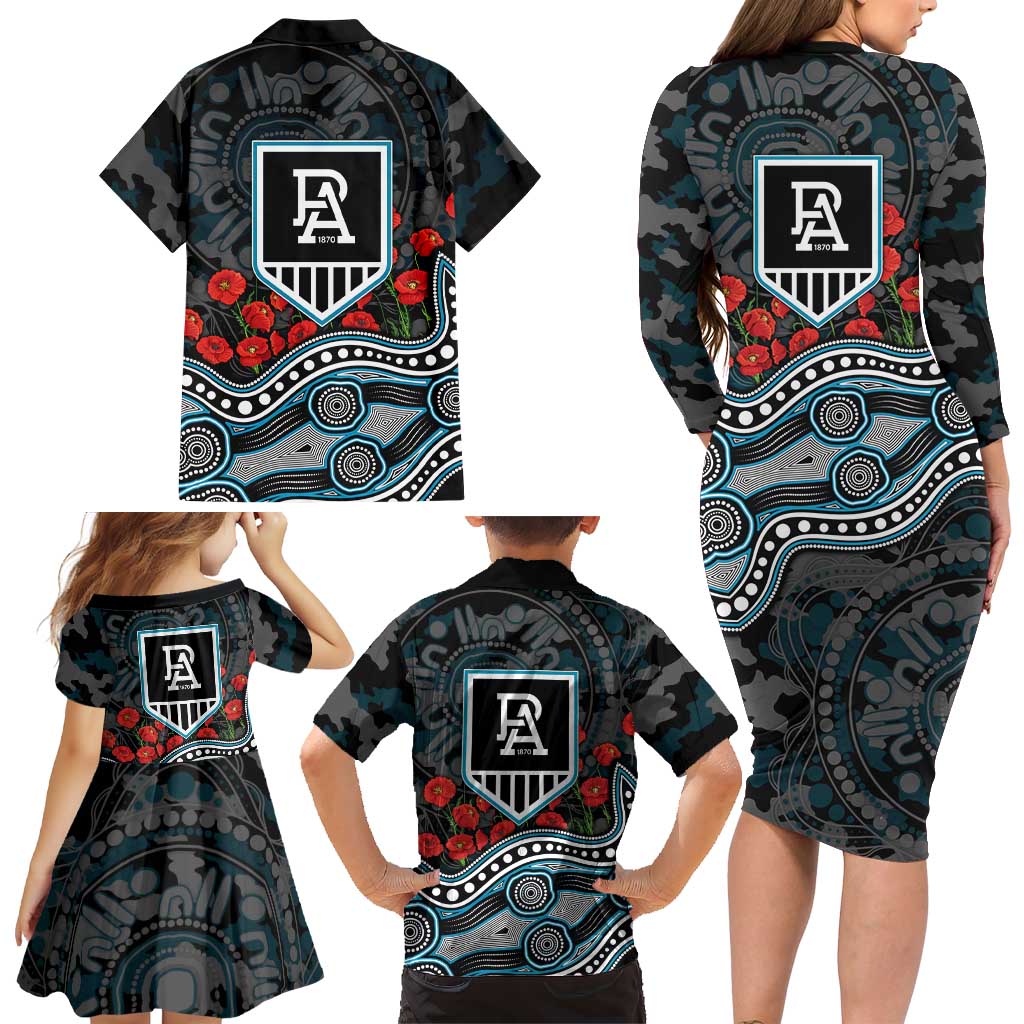 Port Adelaide Power ANZAC Day Family Matching Long Sleeve Bodycon Dress and Hawaiian Shirt Indigenous Dot Art with Poppy Flower Tribute