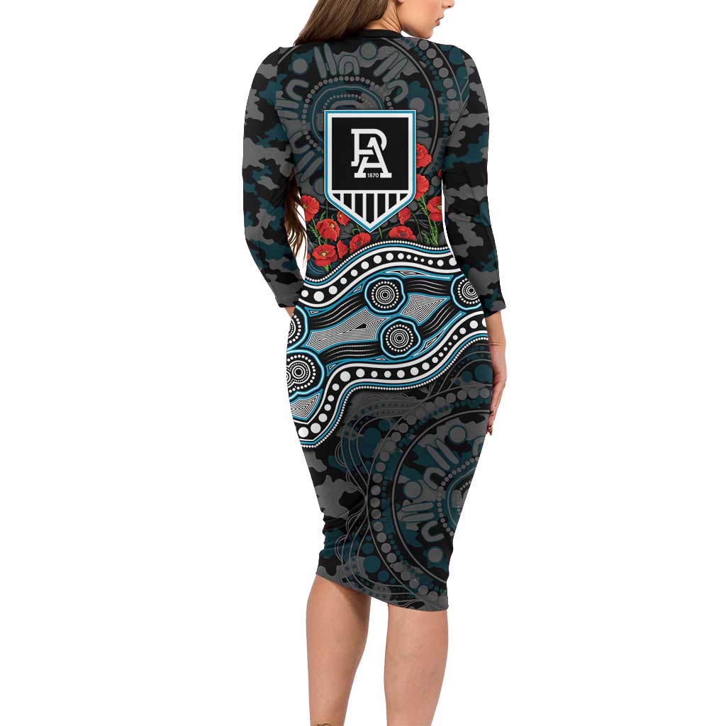 Port Adelaide Power ANZAC Day Family Matching Long Sleeve Bodycon Dress and Hawaiian Shirt Indigenous Dot Art with Poppy Flower Tribute
