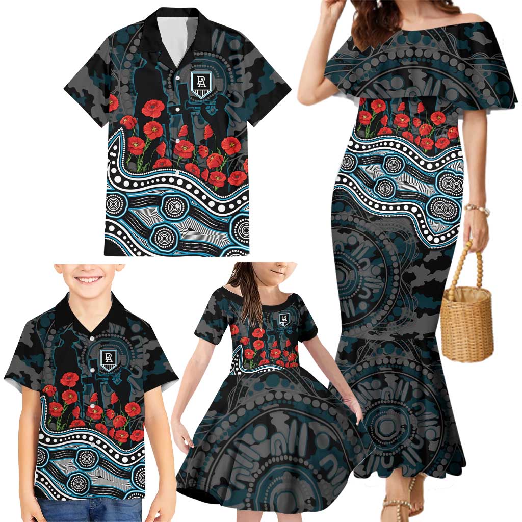 Port Adelaide Power ANZAC Day Family Matching Mermaid Dress and Hawaiian Shirt Indigenous Dot Art with Poppy Flower Tribute