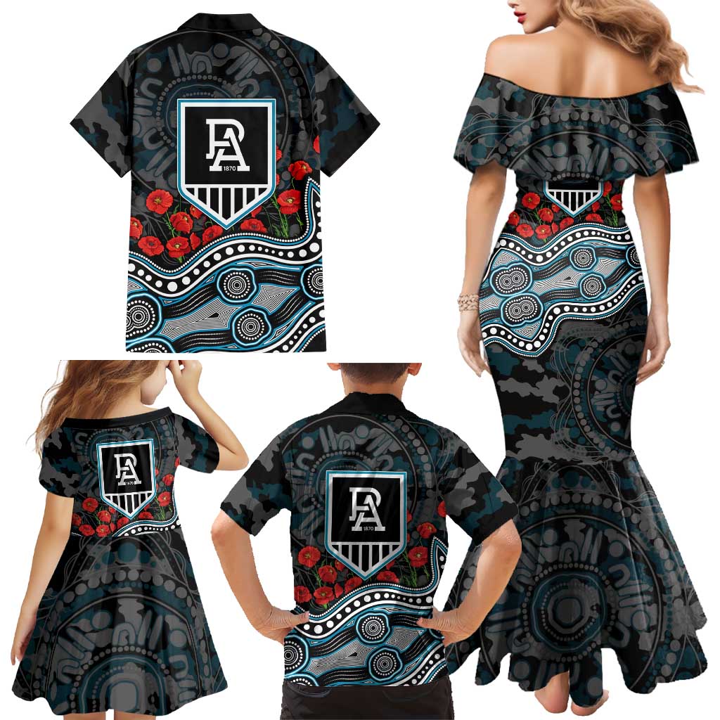 Port Adelaide Power ANZAC Day Family Matching Mermaid Dress and Hawaiian Shirt Indigenous Dot Art with Poppy Flower Tribute