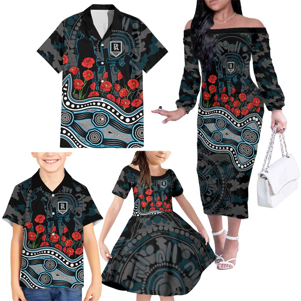 Port Adelaide Power ANZAC Day Family Matching Off The Shoulder Long Sleeve Dress and Hawaiian Shirt Indigenous Dot Art with Poppy Flower Tribute