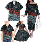 Port Adelaide Power ANZAC Day Family Matching Off The Shoulder Long Sleeve Dress and Hawaiian Shirt Indigenous Dot Art with Poppy Flower Tribute