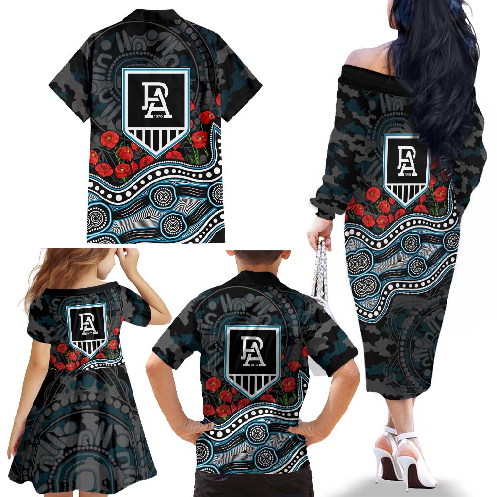 Port Adelaide Power ANZAC Day Family Matching Off The Shoulder Long Sleeve Dress and Hawaiian Shirt Indigenous Dot Art with Poppy Flower Tribute