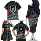 Port Adelaide Power ANZAC Day Family Matching Off The Shoulder Long Sleeve Dress and Hawaiian Shirt Indigenous Dot Art with Poppy Flower Tribute