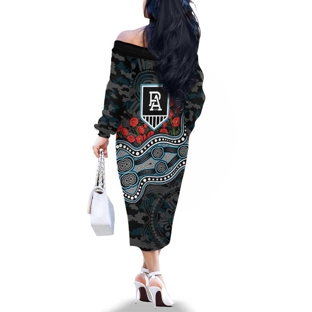 Port Adelaide Power ANZAC Day Family Matching Off The Shoulder Long Sleeve Dress and Hawaiian Shirt Indigenous Dot Art with Poppy Flower Tribute