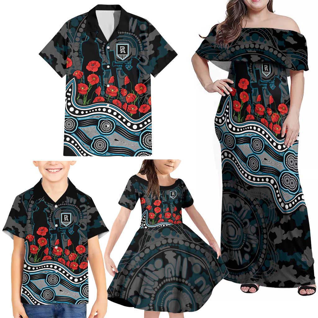 Port Adelaide Power ANZAC Day Family Matching Off Shoulder Maxi Dress and Hawaiian Shirt Indigenous Dot Art with Poppy Flower Tribute
