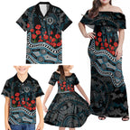 Port Adelaide Power ANZAC Day Family Matching Off Shoulder Maxi Dress and Hawaiian Shirt Indigenous Dot Art with Poppy Flower Tribute
