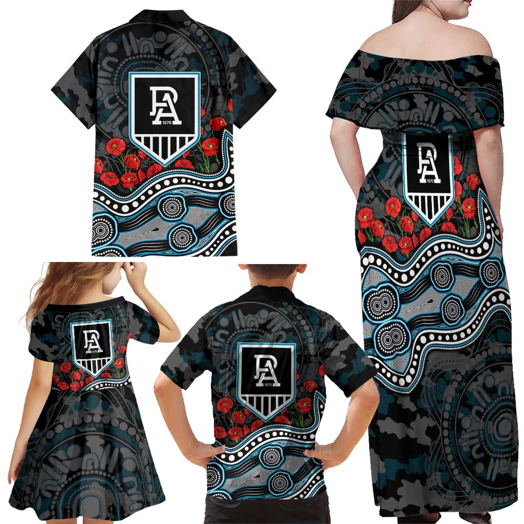 Port Adelaide Power ANZAC Day Family Matching Off Shoulder Maxi Dress and Hawaiian Shirt Indigenous Dot Art with Poppy Flower Tribute